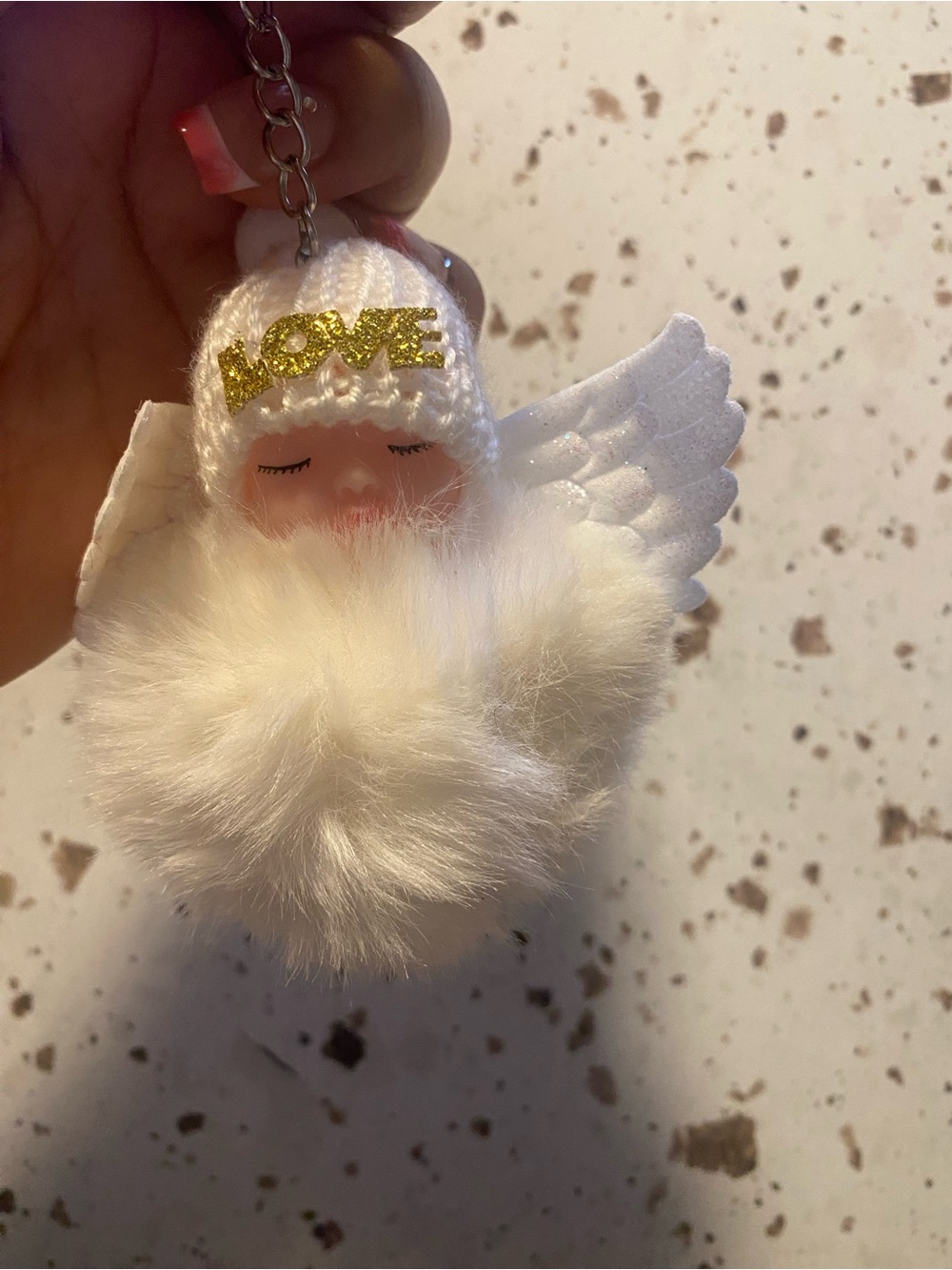 White Angel Pom Pom Keychain with Gold 'LOVE' Beanie - Picture 2 of 5